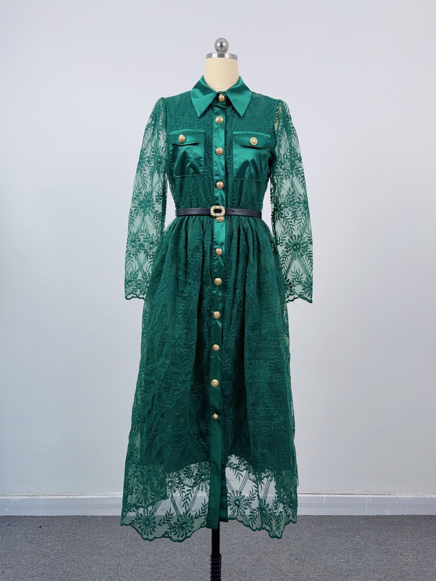 Women's Long Sleeve Lace Silk Patchwork Midi Dress - LAI MENG FIVE CATS