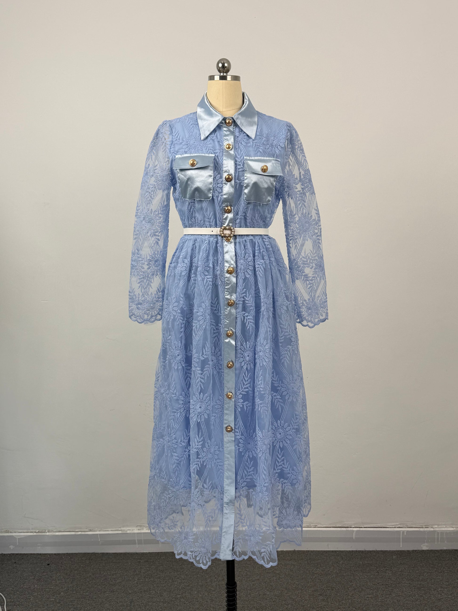 Women's Long Sleeve Lace Silk Patchwork Midi Dress - LAI MENG FIVE CATS