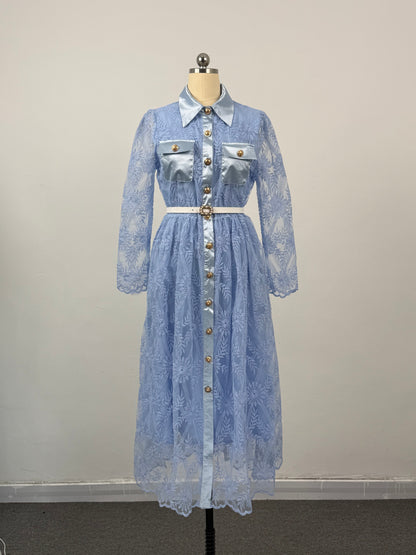 Women's Long Sleeve Lace Silk Patchwork Midi Dress - LAI MENG FIVE CATS