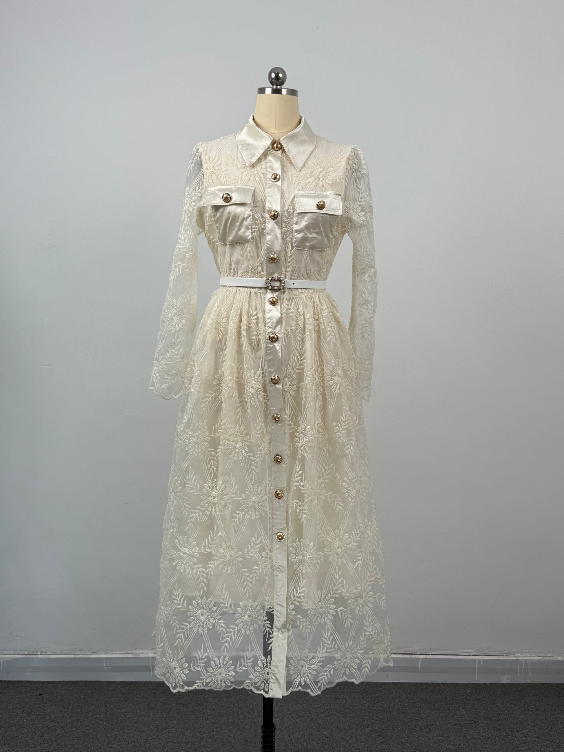 Women's Long Sleeve Lace Silk Patchwork Midi Dress - LAI MENG FIVE CATS