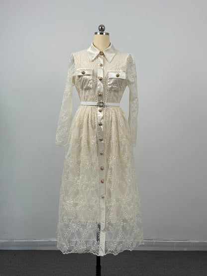 Women's Long Sleeve Lace Silk Patchwork Midi Dress - LAI MENG FIVE CATS