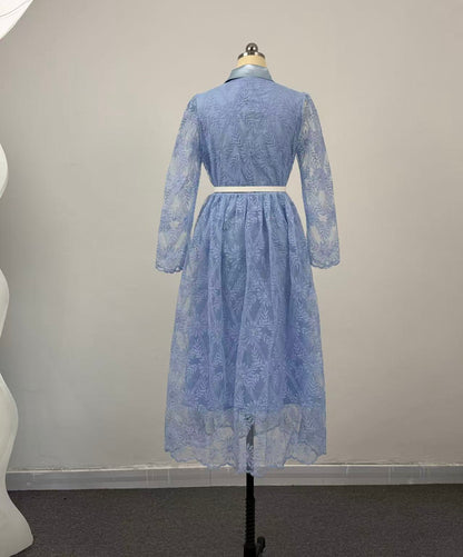 Women's Long Sleeve Lace Silk Patchwork Midi Dress - LAI MENG FIVE CATS