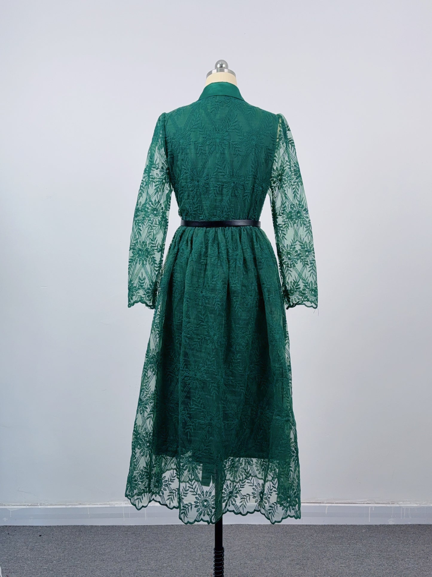 Women's Long Sleeve Lace Silk Patchwork Midi Dress - LAI MENG FIVE CATS