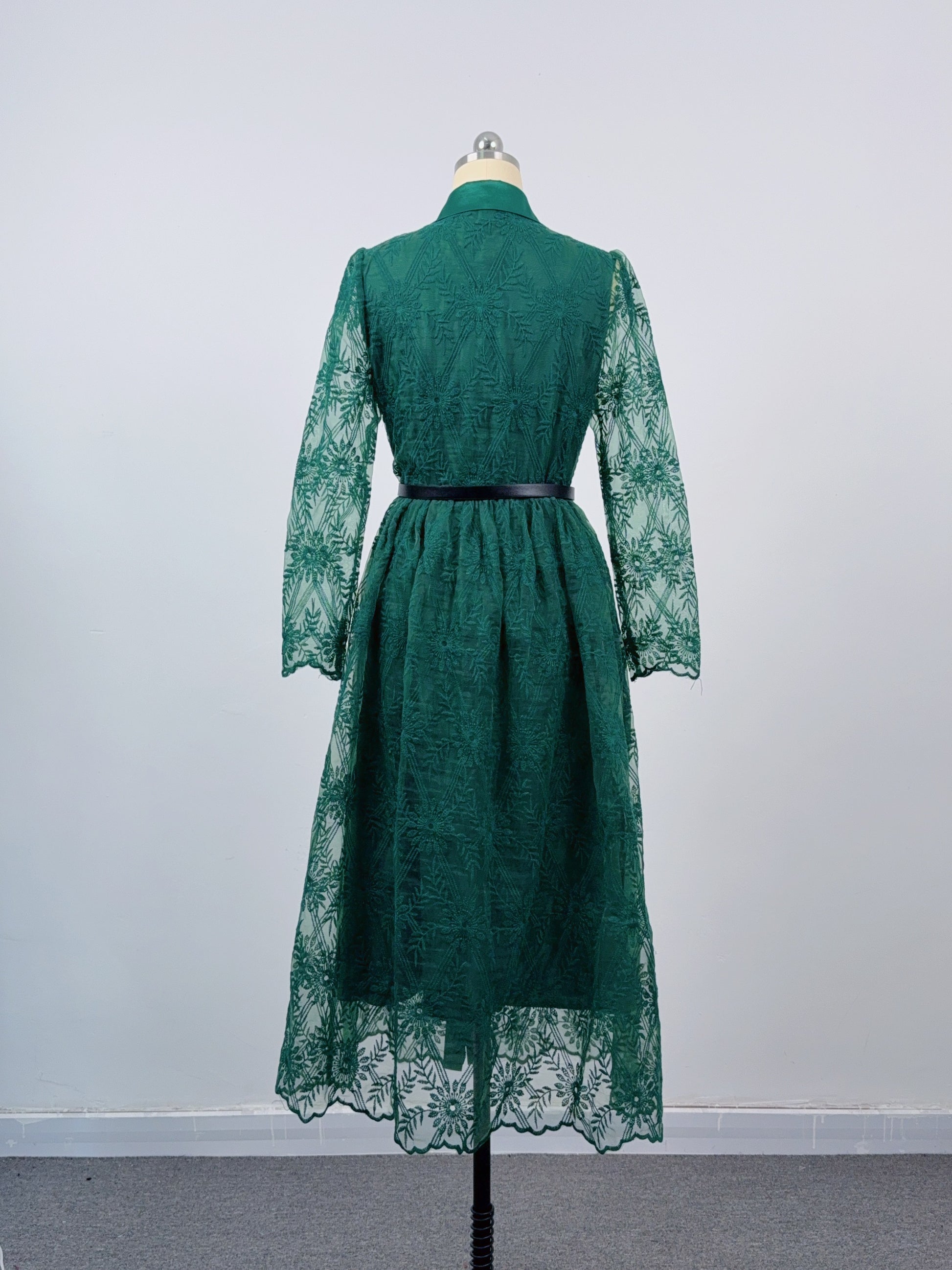 Women's Long Sleeve Lace Silk Patchwork Midi Dress - LAI MENG FIVE CATS