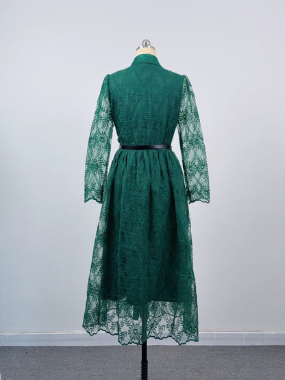 Women's Long Sleeve Lace Silk Patchwork Midi Dress - LAI MENG FIVE CATS