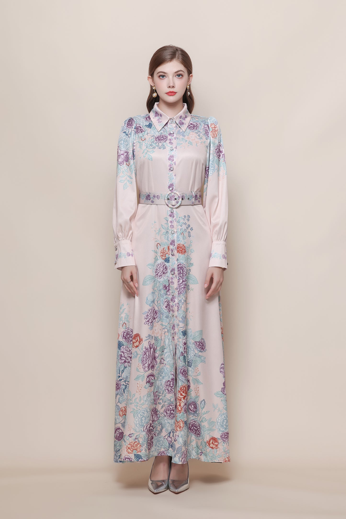 26-Women's Floral Print Button Long Dress Maxi Dress