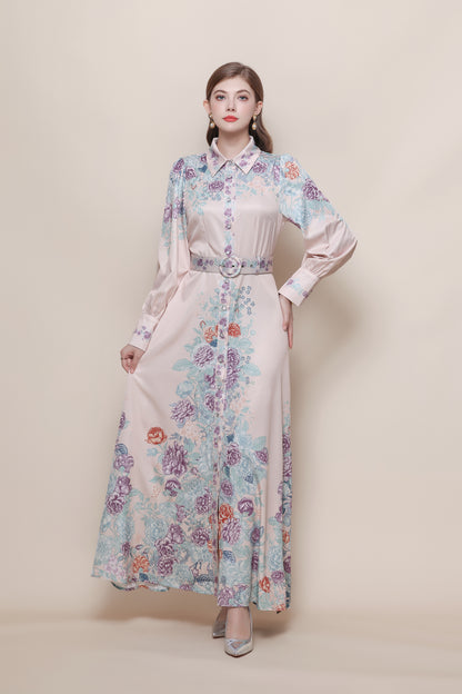 26-Women's Floral Print Button Long Dress Maxi Dress