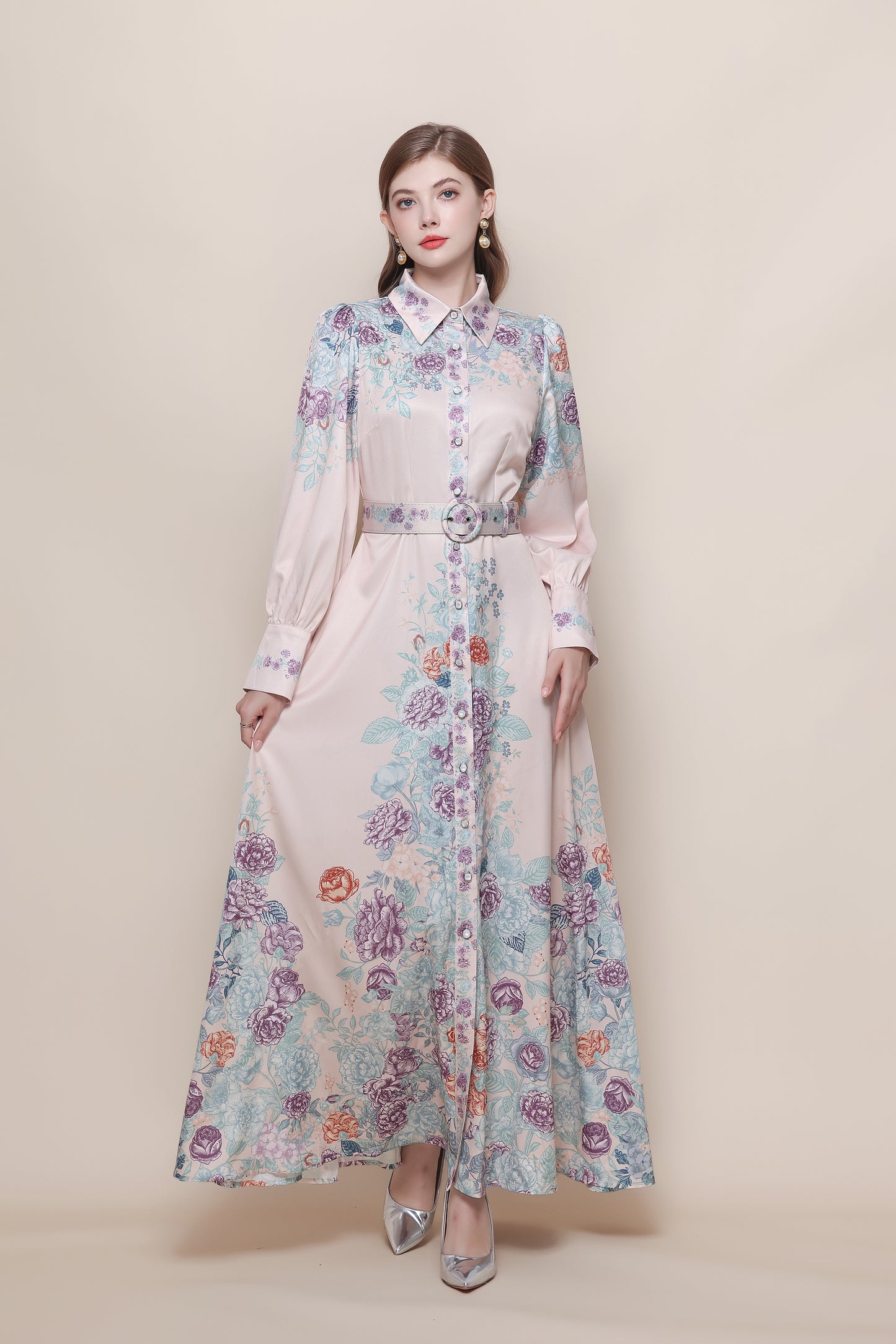 26-Women's Floral Print Button Long Dress Maxi Dress
