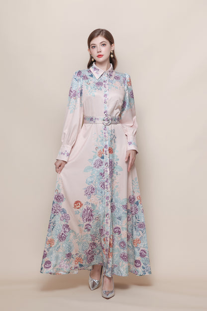 26-Women's Floral Print Button Long Dress Maxi Dress