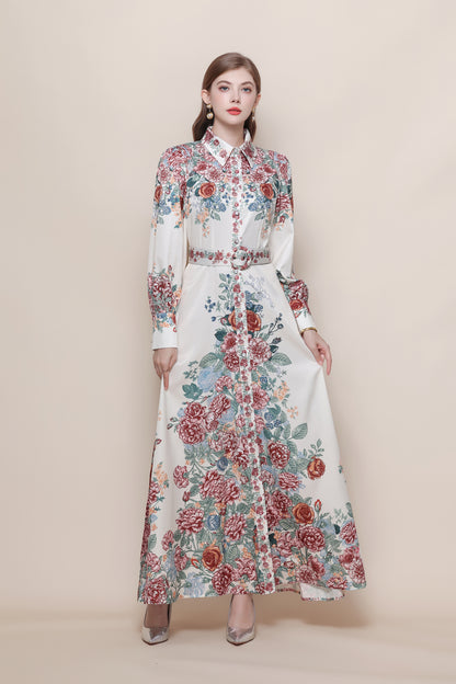 26-Women's Floral Print Button Long Dress Maxi Dress