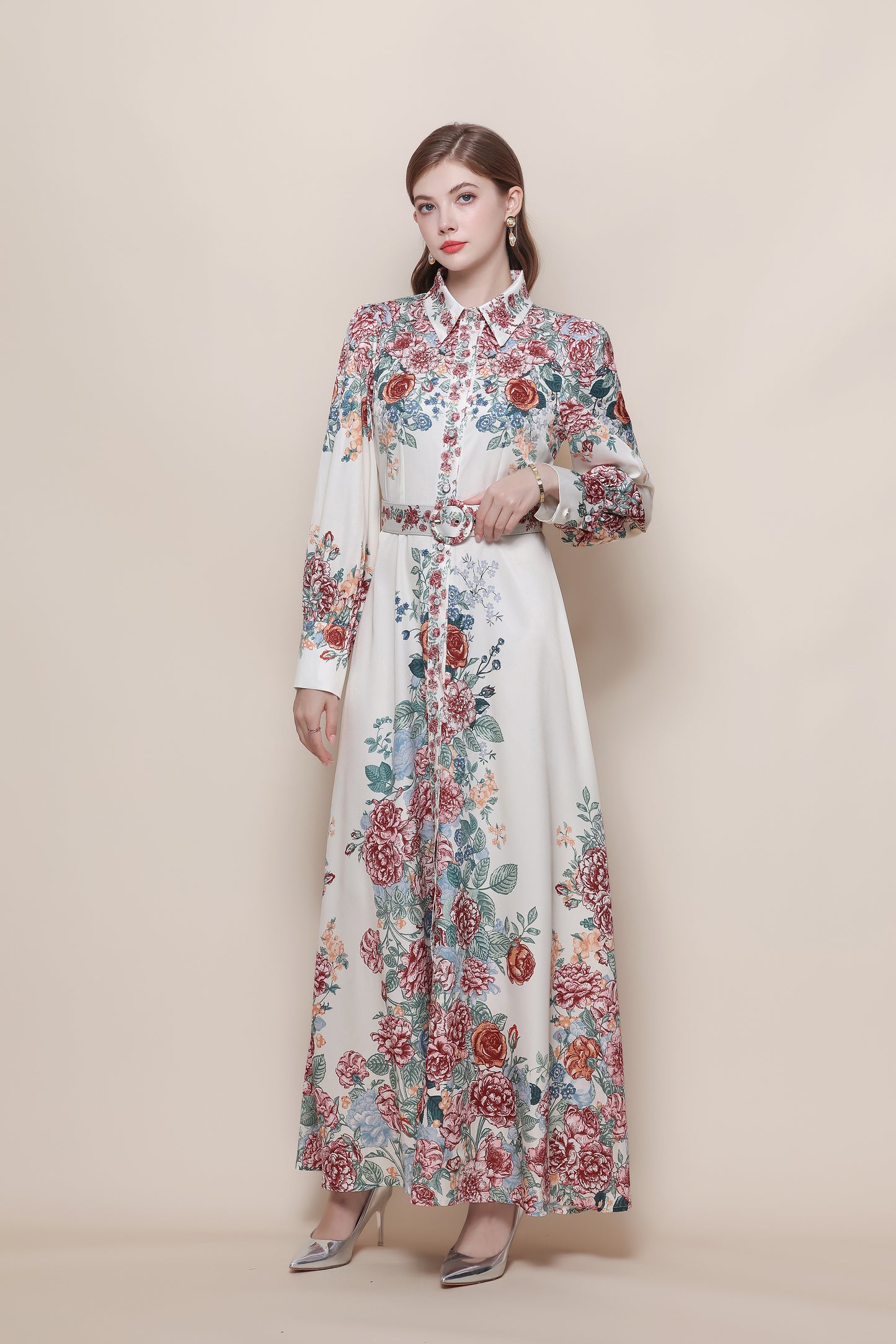 26-Women's Floral Print Button Long Dress Maxi Dress