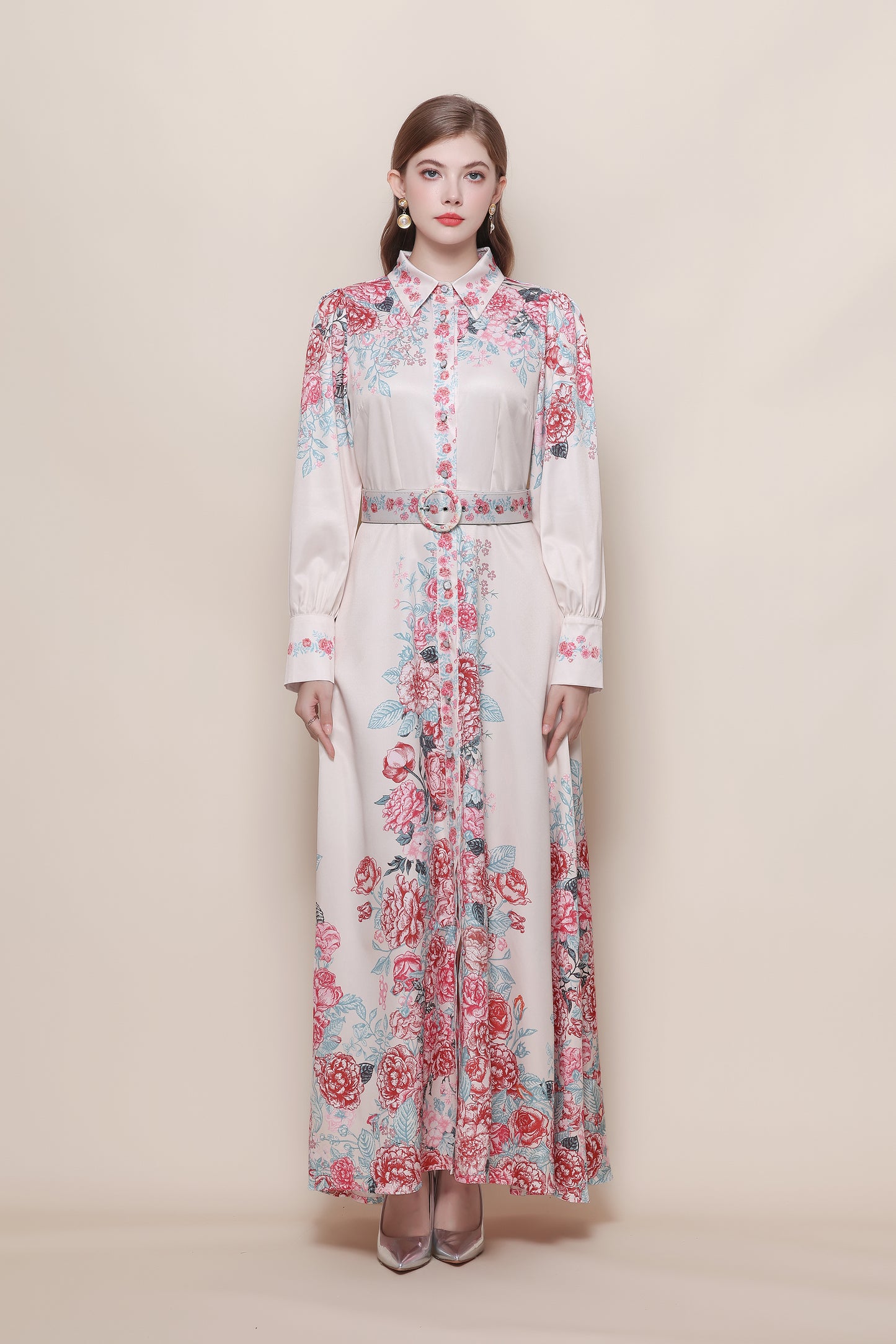 26-Women's Floral Print Button Long Dress Maxi Dress