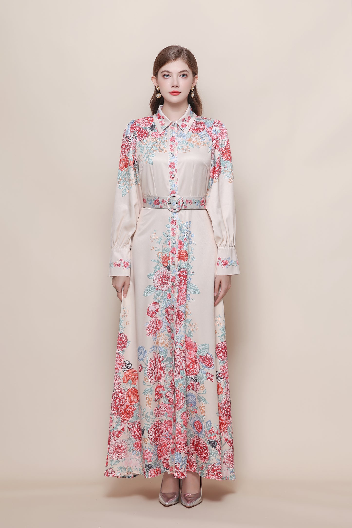 26-Women's Floral Print Button Long Dress Maxi Dress
