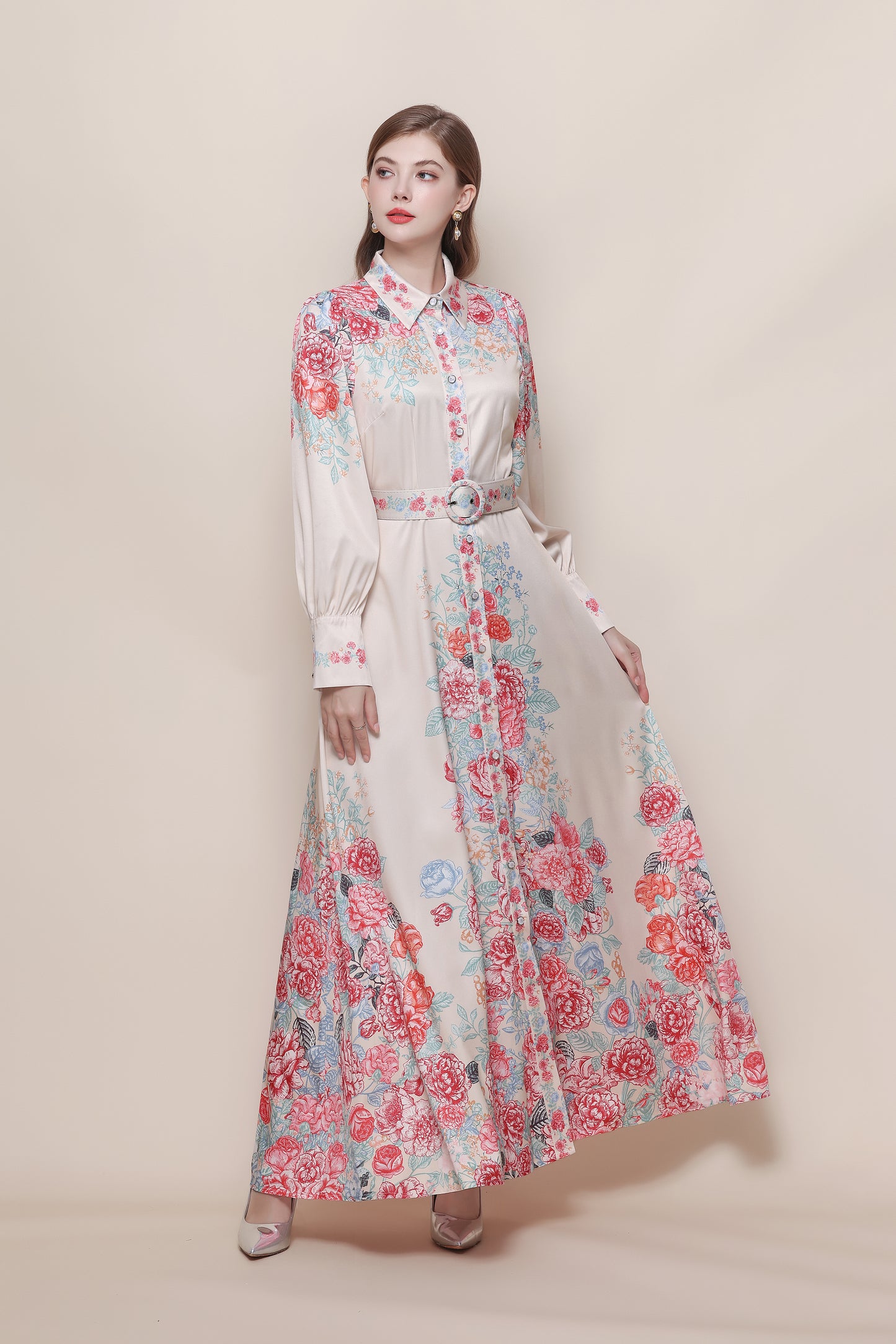 26-Women's Floral Print Button Long Dress Maxi Dress
