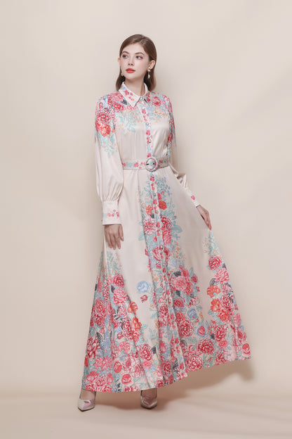 26-Women's Floral Print Button Long Dress Maxi Dress
