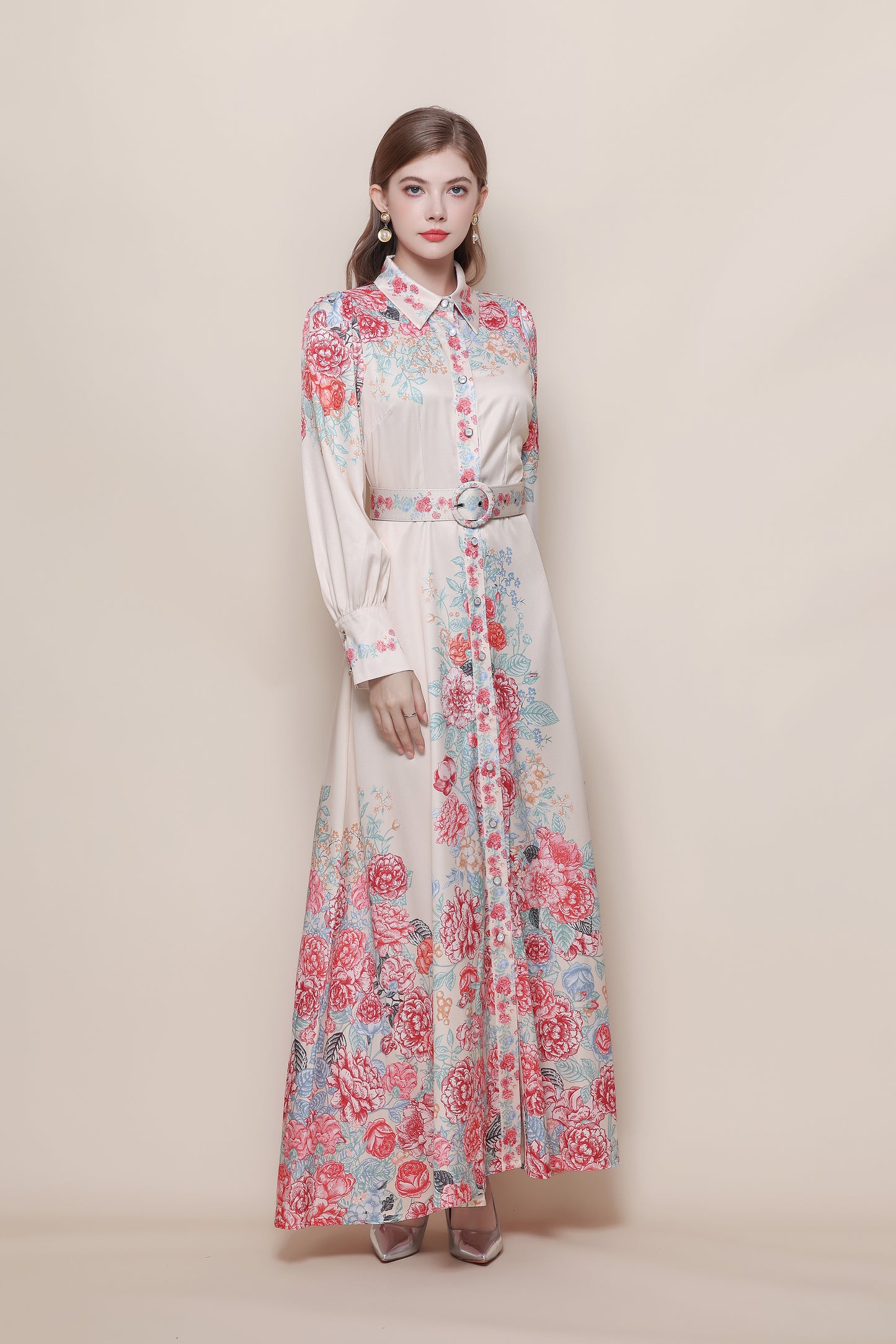 26-Women's Floral Print Button Long Dress Maxi Dress