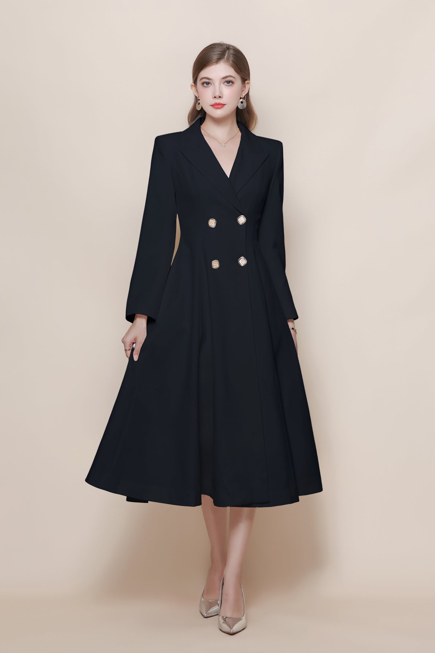 Women's Pea Coat Notch Lapel Trench Coat Midi Dress