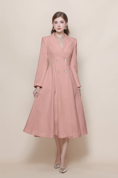Women's Pea Coat Notch Lapel Trench Coat Midi Dress
