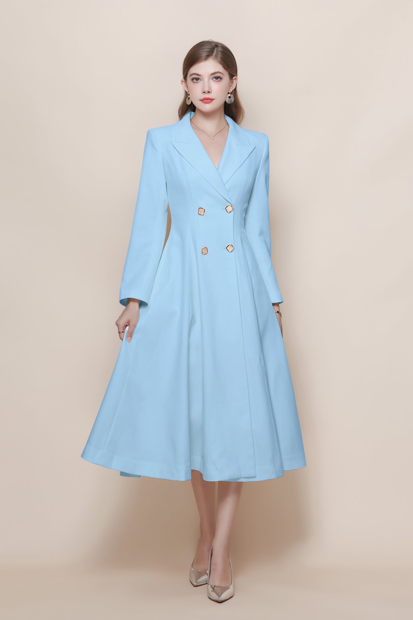 Women's Pea Coat Notch Lapel Trench Coat Midi Dress