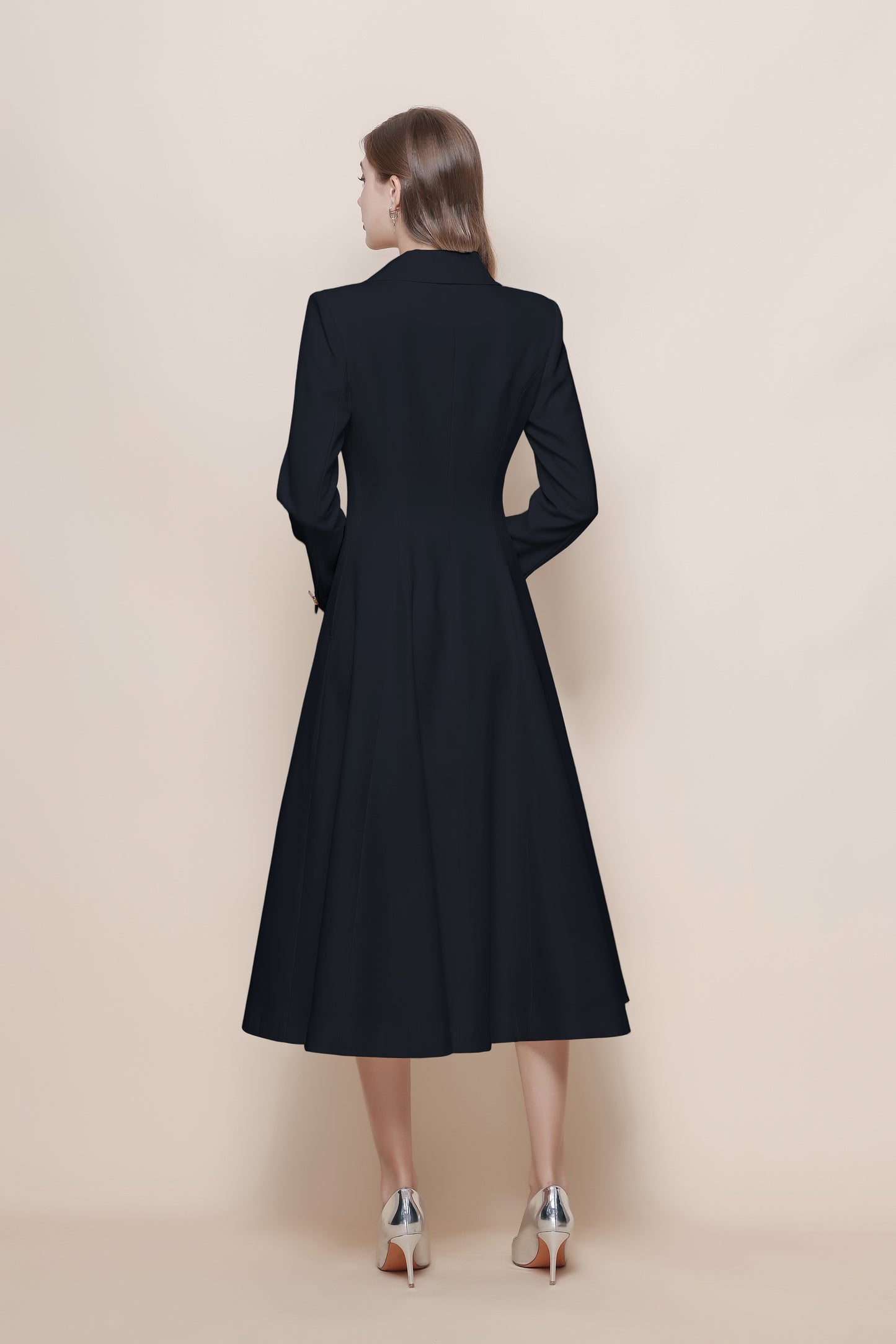 Women's Pea Coat Notch Lapel Trench Coat Midi Dress