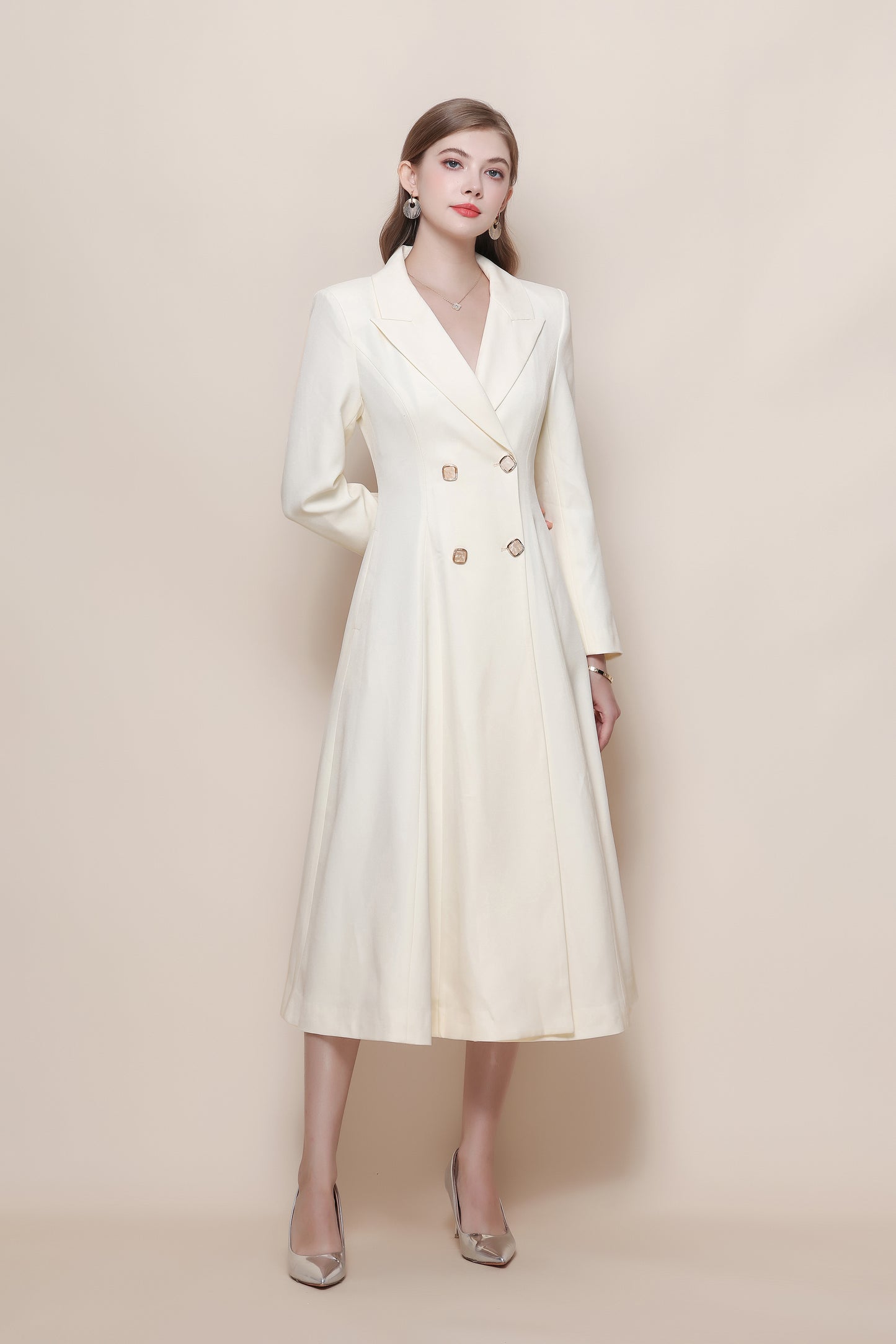Women's Pea Coat Notch Lapel Trench Coat Midi Dress