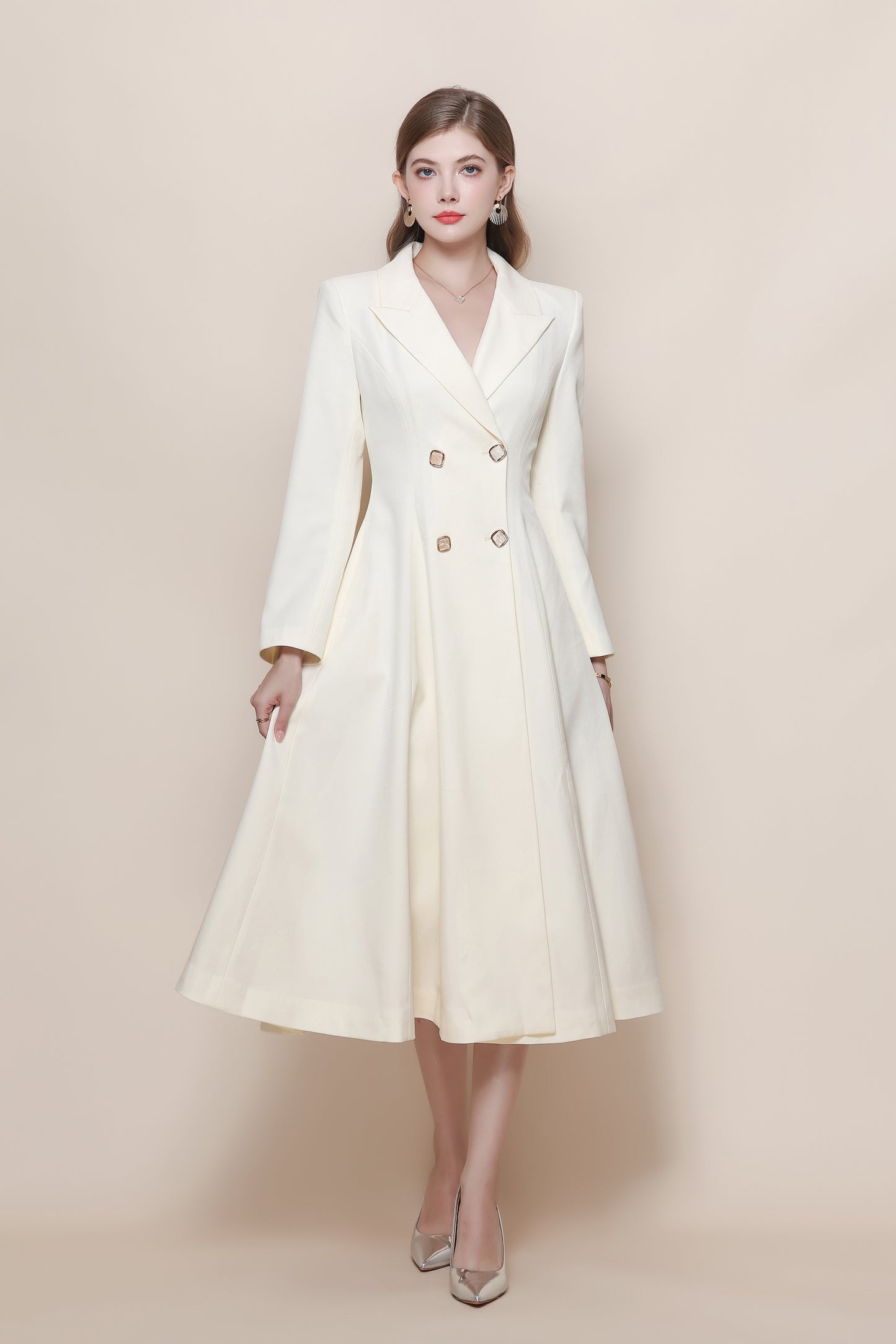 Women's Pea Coat Notch Lapel Trench Coat Midi Dress