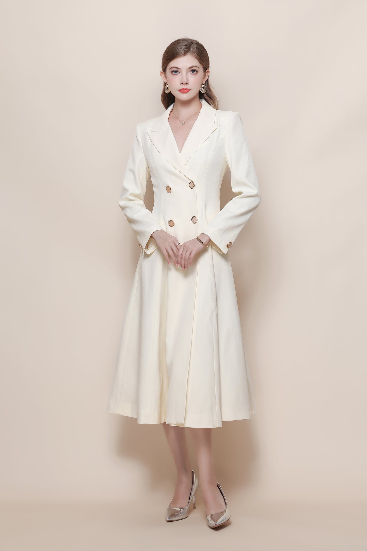 Women's Pea Coat Notch Lapel Trench Coat Midi Dress
