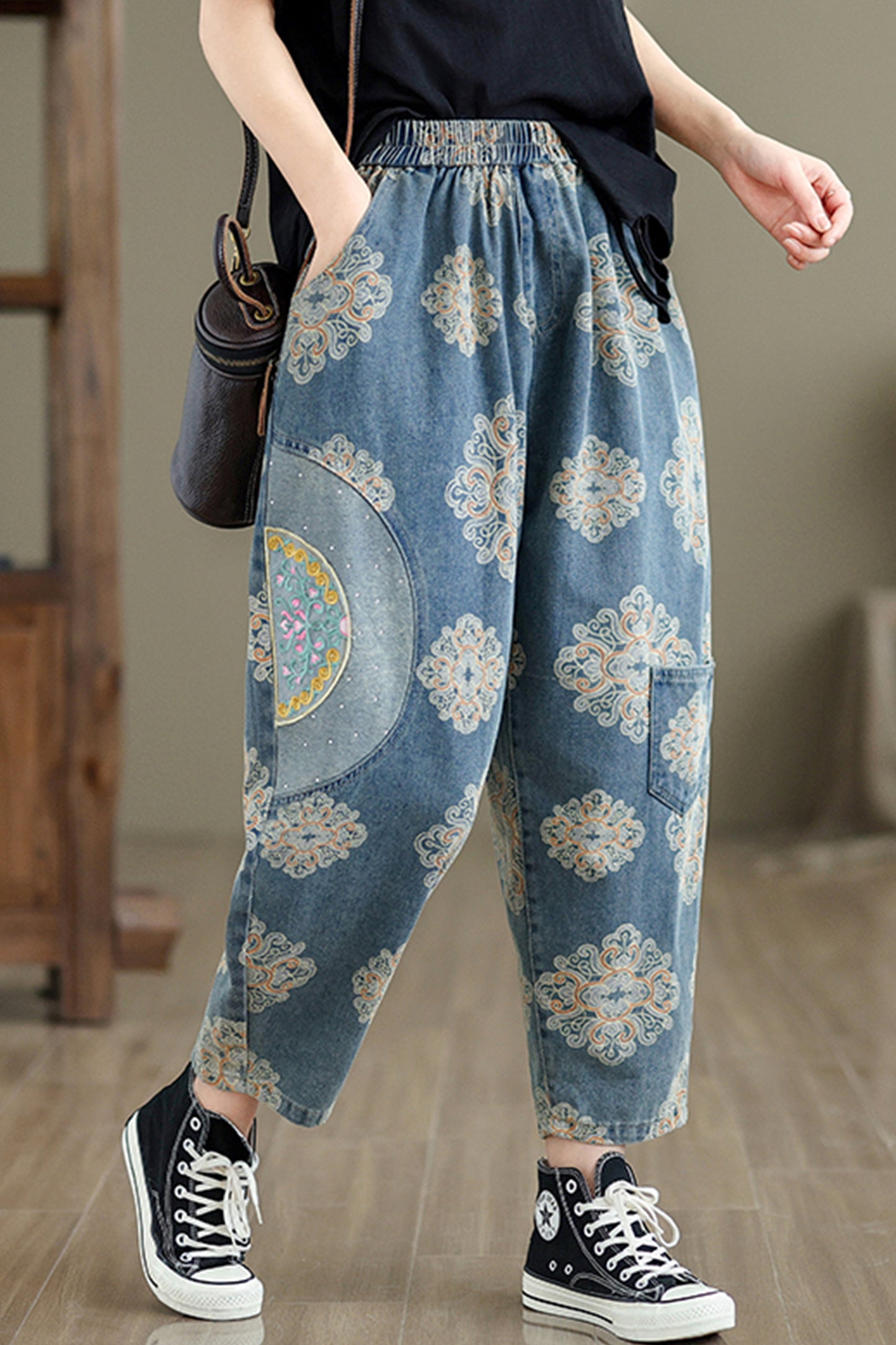 Women's Baggy Jeans Pattern Elastic Waist Casual Harem Pants With Pockets