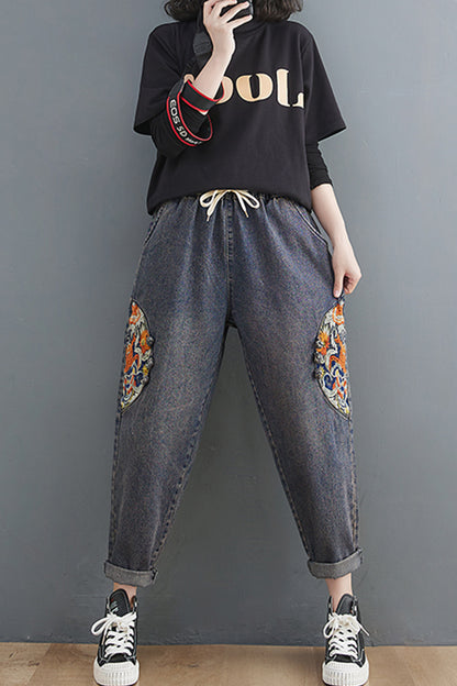 Women's Jeans Pattern Elastic Waist Casual Harem Pants With Pockets