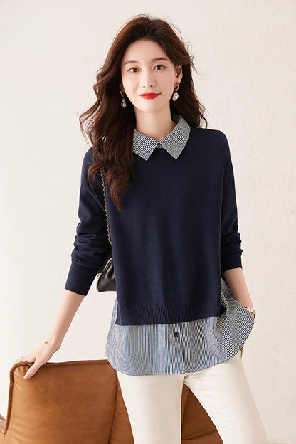 Women's Patchwork Shirt Collar Cotton  Knit Pullover Tops