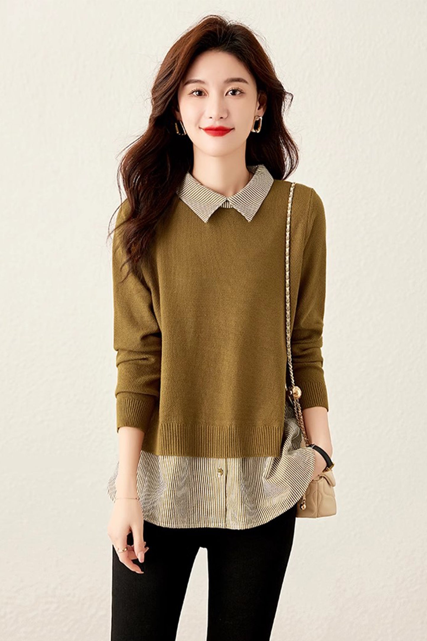 Women's Patchwork Shirt Collar Cotton  Knit Pullover Tops