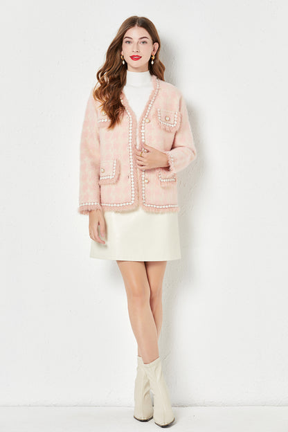 Women Luxurious Fringed Patchwork Design Raw Edge Coats Jacket Top