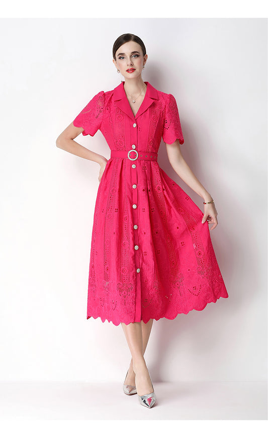 Elegant Lace Button-Front Midi Dress with Belt - LAI MENG FIVE CATS