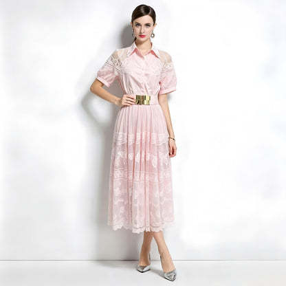 Romantic Pink Short Sleeve Lace Mesh Midi Dress with Belt