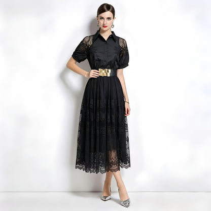 Romantic Black Short Sleeve Lace Mesh Midi Dress with Belt