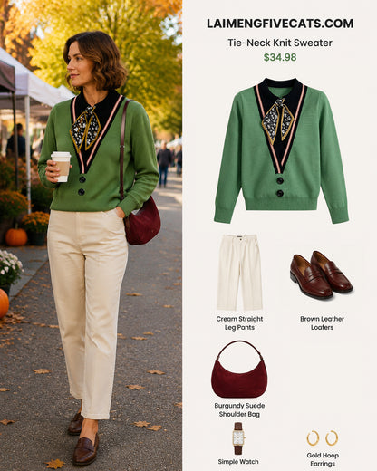 Tie-Neck Knit Sweater for Women | Lightweight Fall Pullover with Vintage-Inspired Collar