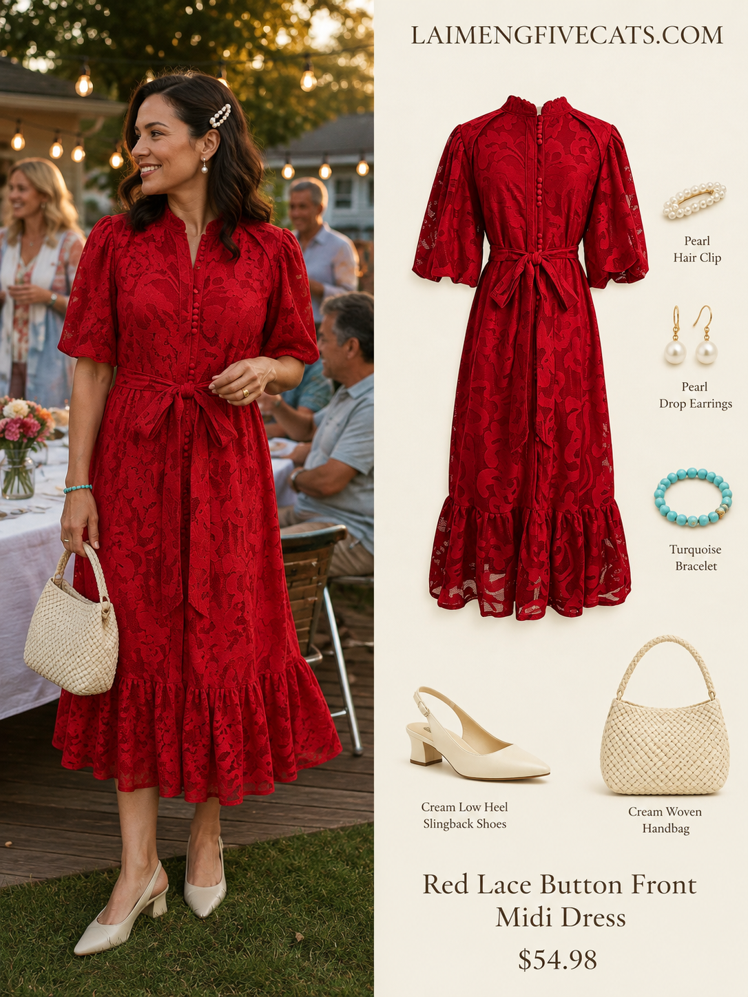 Red Lace Button Front Midi Dress | Elegant Summer Occasion Dress