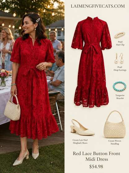 Red Lace Button Front Midi Dress | Elegant Summer Occasion Dress