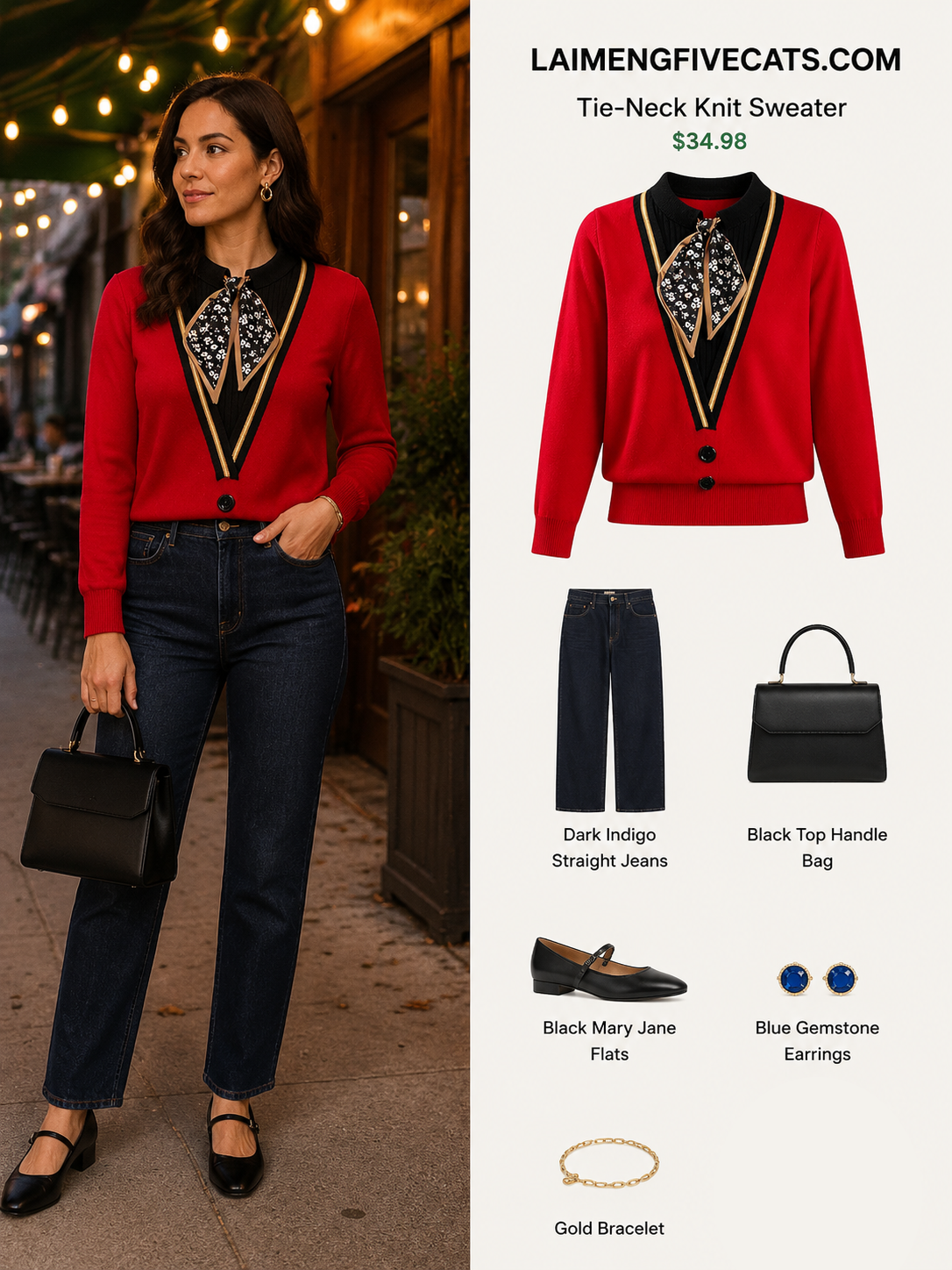 Tie-Neck Knit Sweater for Women | Lightweight Fall Pullover with Vintage-Inspired Collar