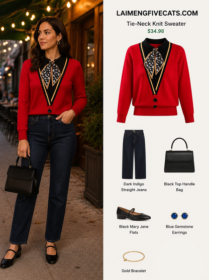 Tie-Neck Knit Sweater for Women | Lightweight Fall Pullover with Vintage-Inspired Collar