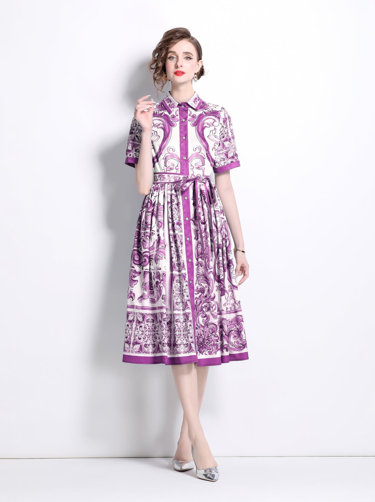 Women's Floral Print Short Sleeve Collar Midi Dress