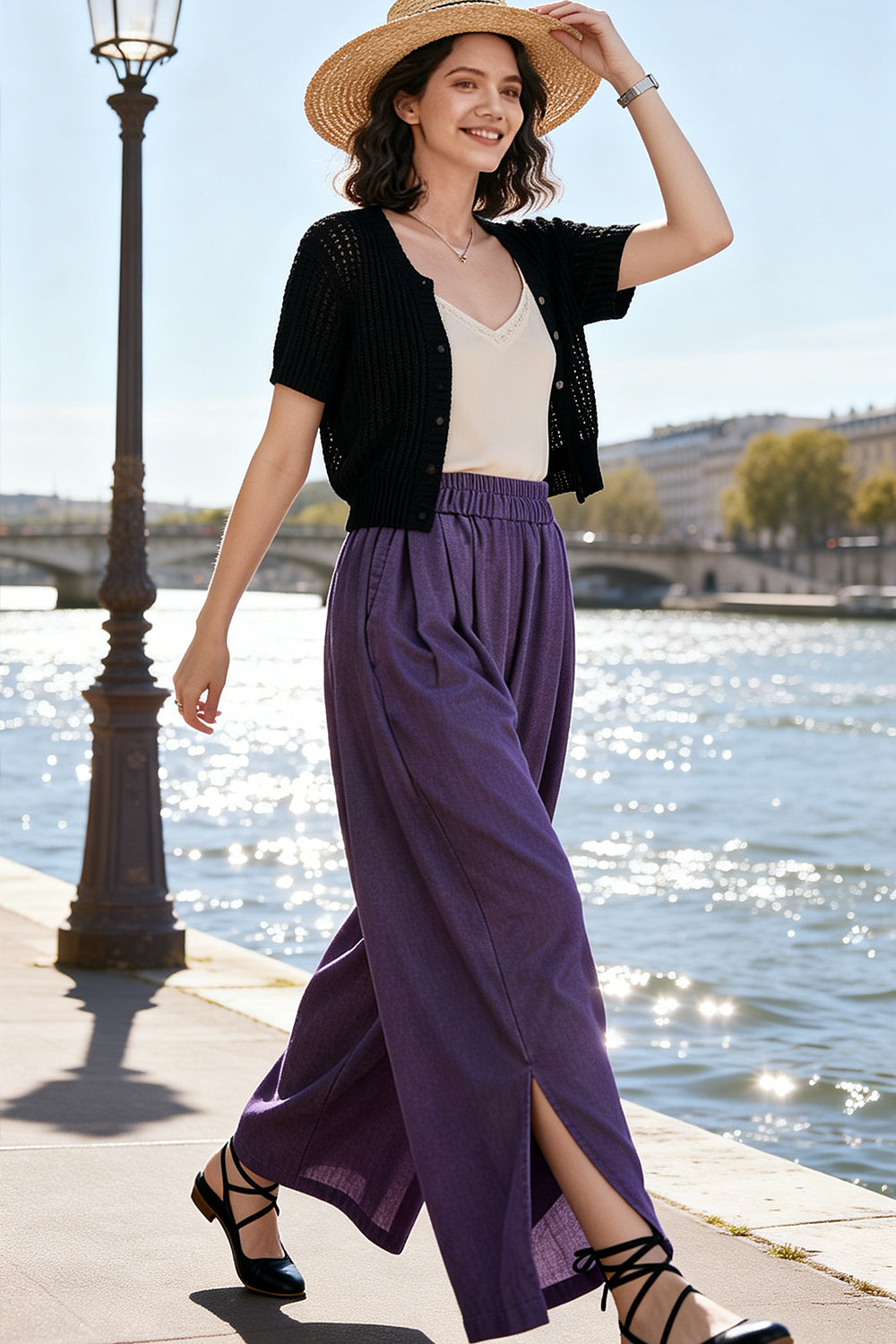 Women's Waisted Drawstring Side Slit Wide Leg Pants - LAI MENG FIVE CATS