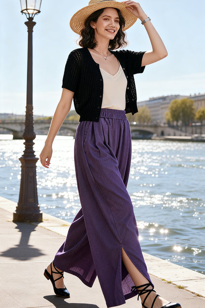 Women's Waisted Drawstring Side Slit Wide Leg Pants - LAI MENG FIVE CATS