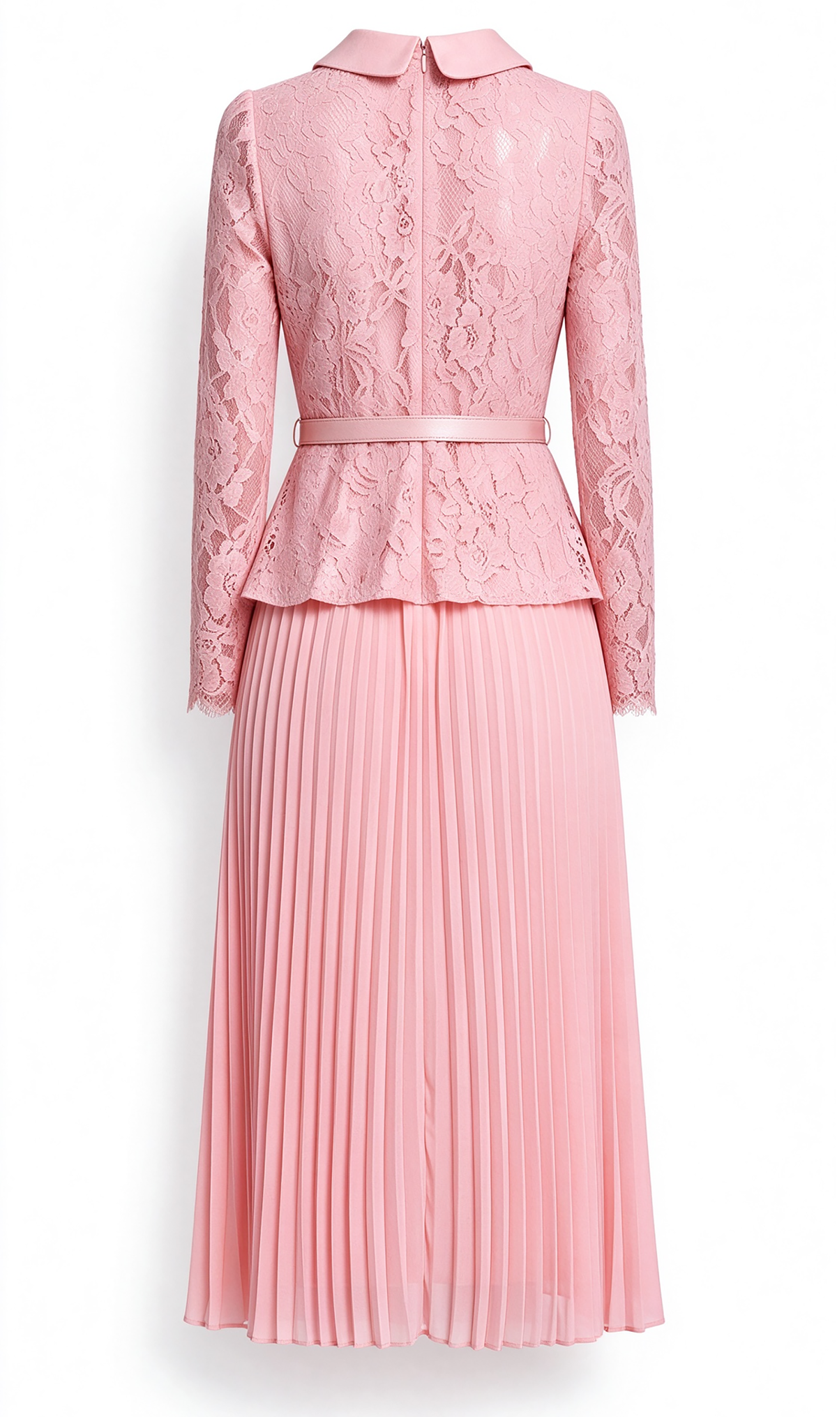 28729 Elegant Lace Pleated Midi Dress with Belt – 4 Colors