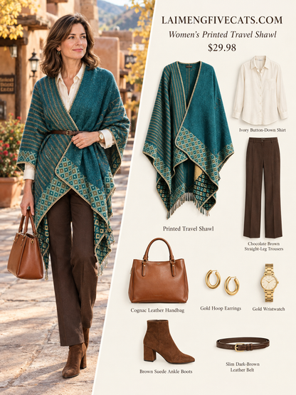 28688 Teal Printed Acrylic Travel Shawl – Oversized Wrap