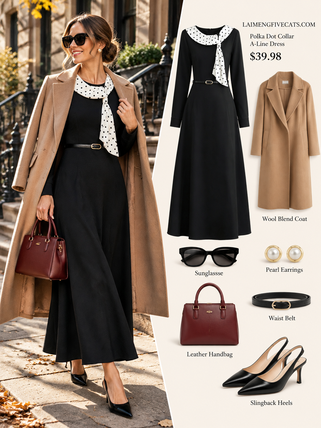 28696 Polka Dot Collar Black Maxi Dress – Elegant Holiday & Dinner Style