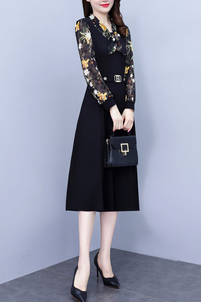 Women's V-Neck Long Sleeve Patchwork Black Dress