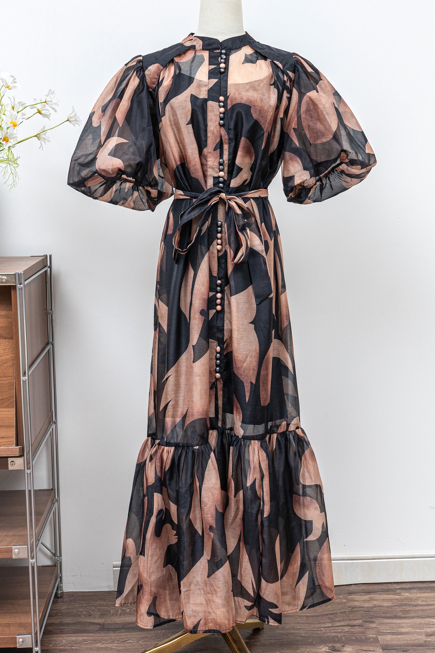 Women's Floral Print Puff Sleeve Fishtail Loose Maxi Dress