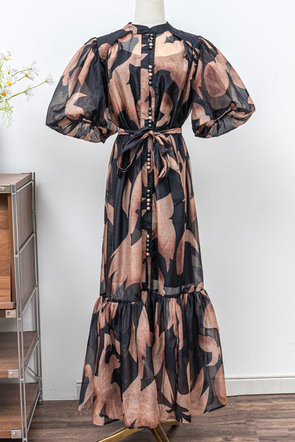 Women's Floral Print Puff Sleeve Fishtail Loose Maxi Dress