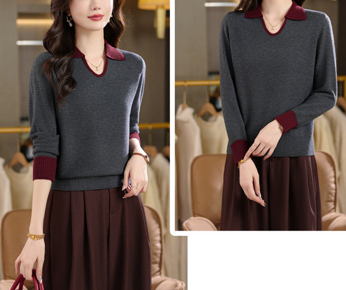 Chic Contrast Collar Ribbed Knit Top – Women's Polo V-Neck Sweater - LAI MENG FIVE CATS